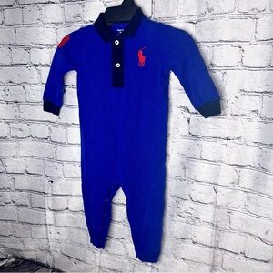 Polo Ralph Lauren 12 Months Romper Blue Red Pony Logo Long Sleeve Pants Onesie
